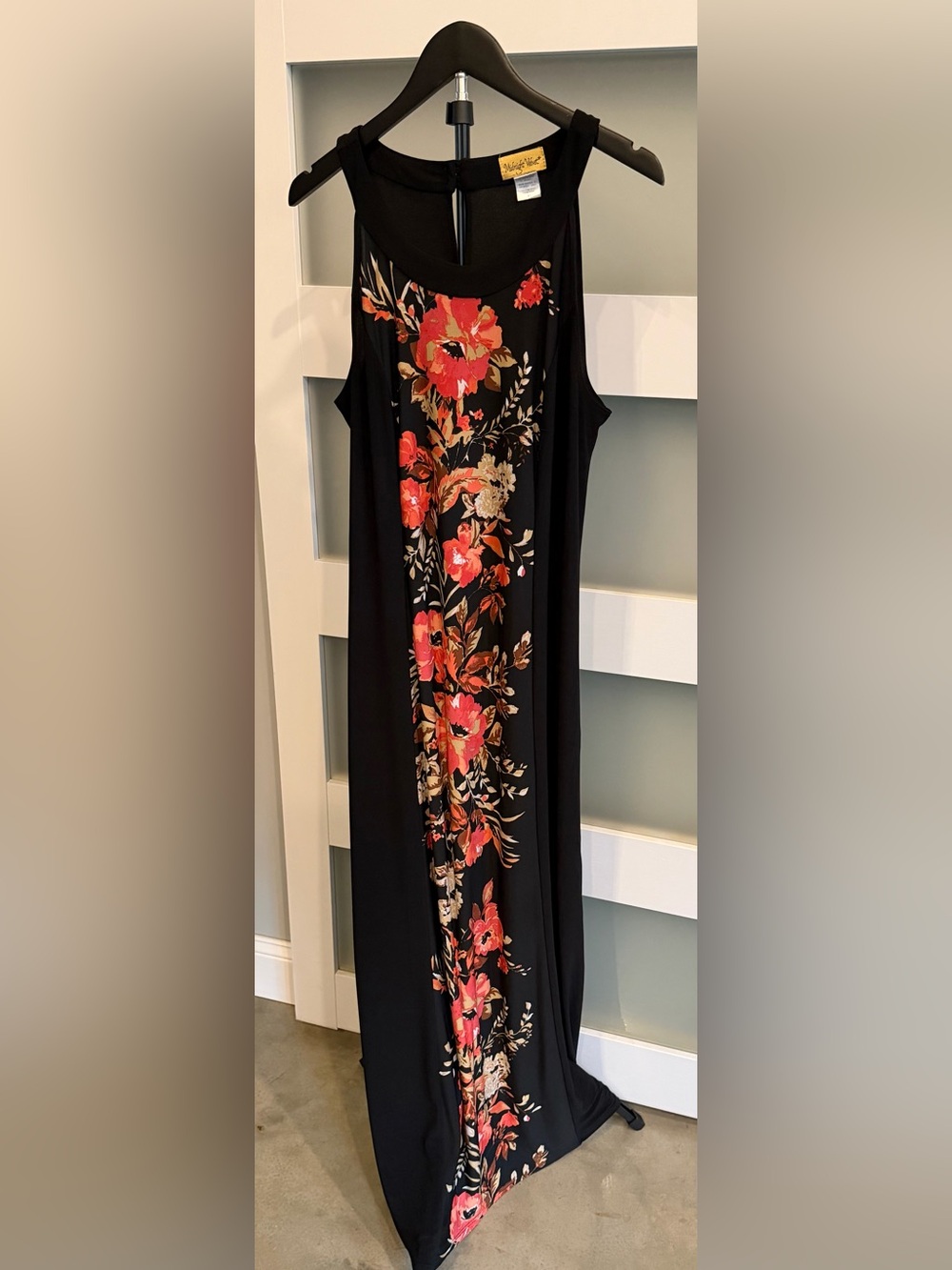 Midnight Velvet Black Maxi Dress with Coral and Beige Floral Panel